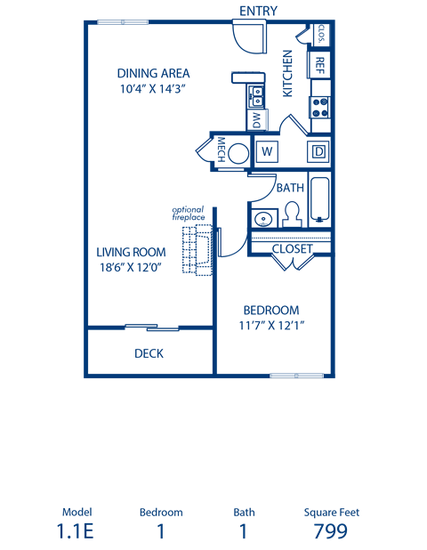 Floor plan for 1 bed, 1 bath, 799 sqft